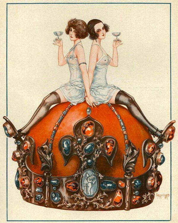 1920s. La Vie Parisienne (the Parisian Life). Le Roi Boit. Two Girls Sitting on Crown Sipping Champagne.