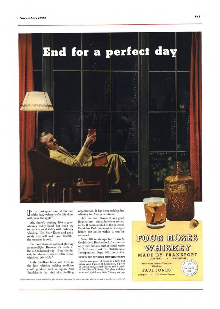 Four Roses Whiskey Print Ad from Esquire Magazine, 1934, 11-November, p.141