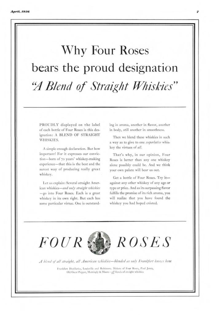 Four Roses Whiskey Print Ad from Esquire Magazine, 1936, 04-April, p.007