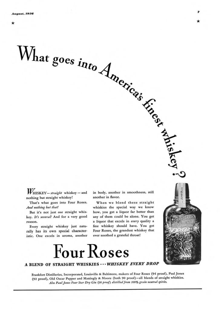 Four Roses Whiskey Print Ad from Esquire Magazine, 1936, 08-August, p.007