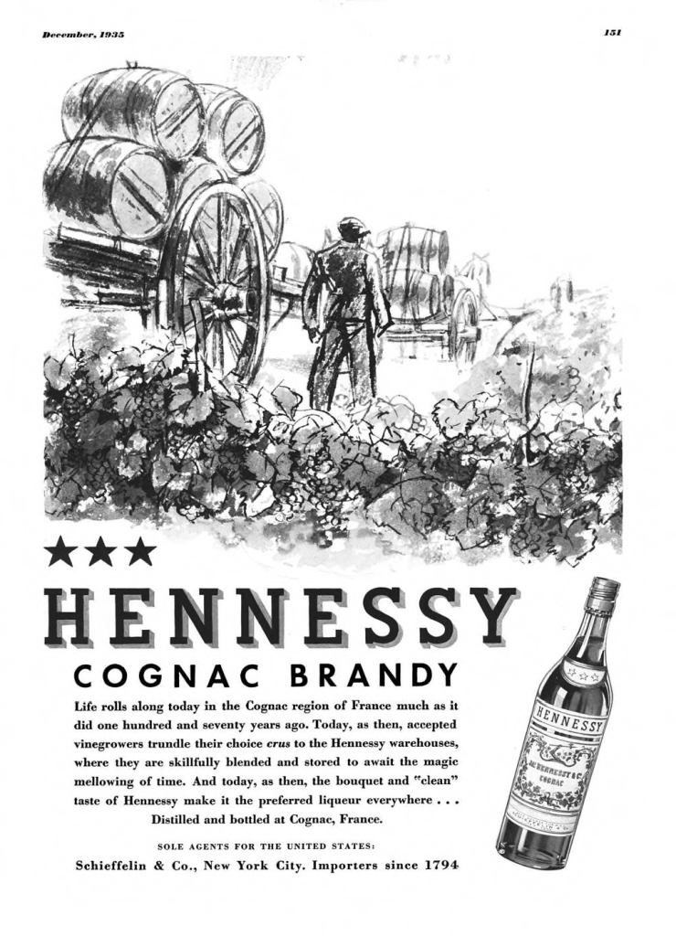Hennessy Cognac, Brandy Print Ad from Esquire Magazine, 1935, 12-December, p.151