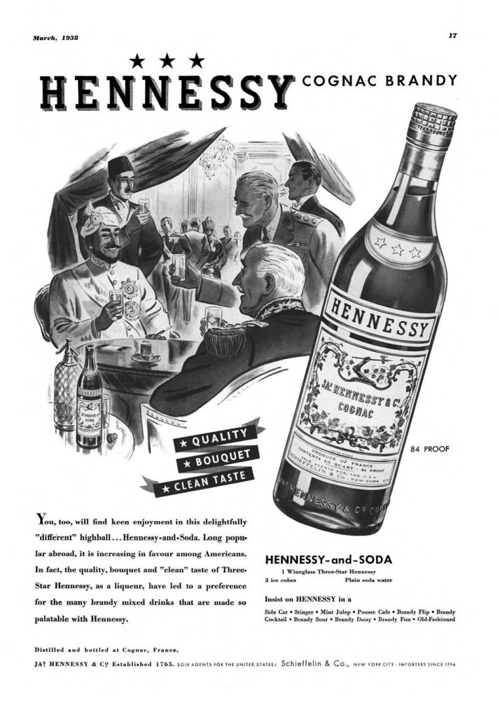 Hennessy Cognac, Brandy Print Ad from Esquire Magazine, 1938, 03-March, p.017