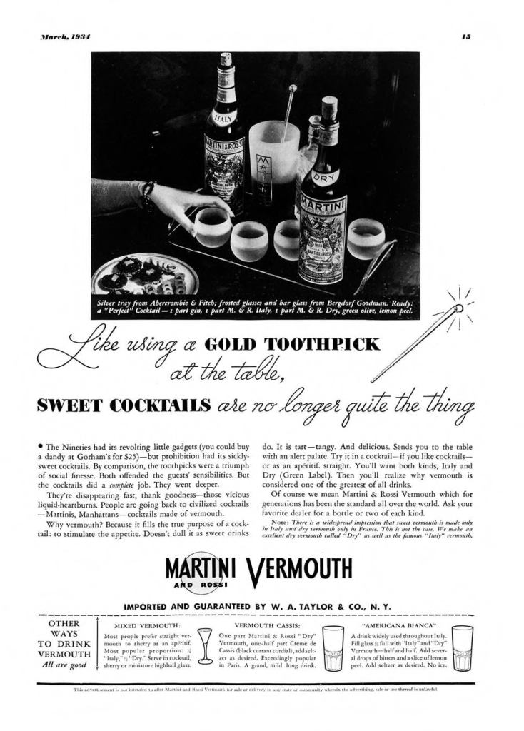 Martini & Rossi Vermouth Print Ad from Esquire Magazine, 1934, 03-March, p.015