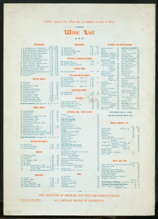 1905 Menu Flatiron Restaurant & Café, New York, Wine List