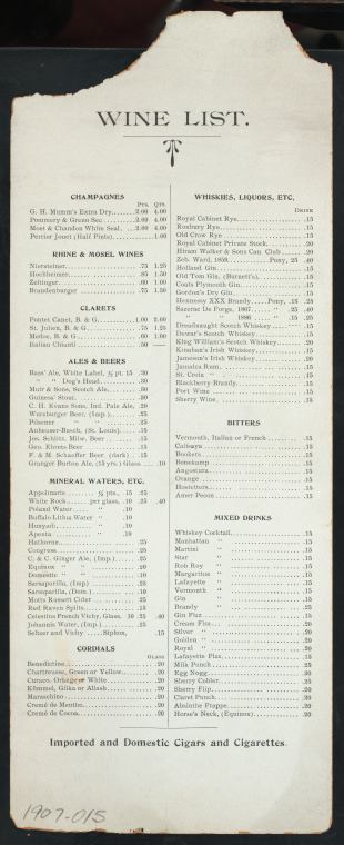 1907 Daily Menu, Wine List, Lafayette Place Restaurant and Café, New York, NY