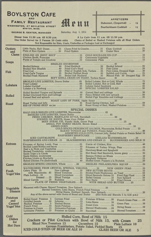 1914 Boylston Café, Menu