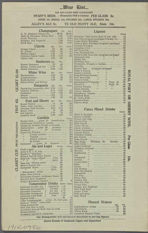 1914 Boylston Café, Wine List