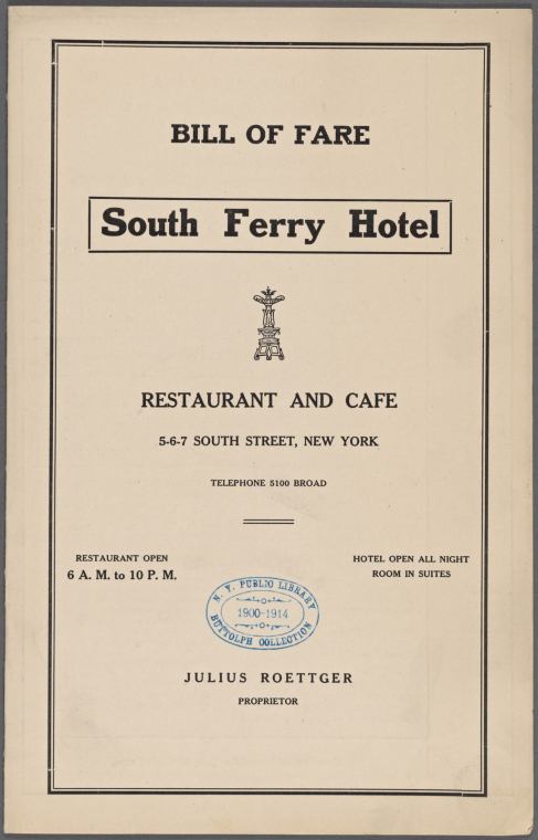1914 South Ferry Hotel, Restaurant and Café, New York, Cover