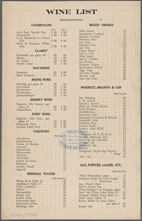 1914 South Ferry Hotel, Restaurant and Café, New York, Wine List