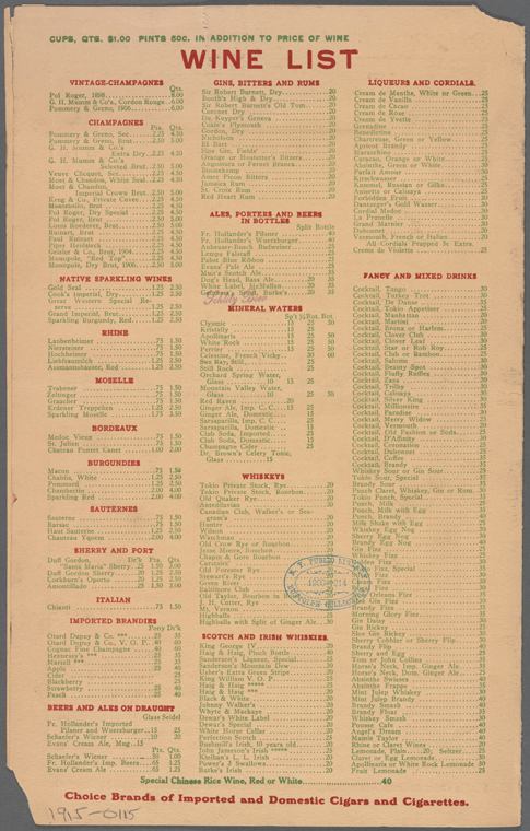 1914 Tokio Restaurant, Wine List