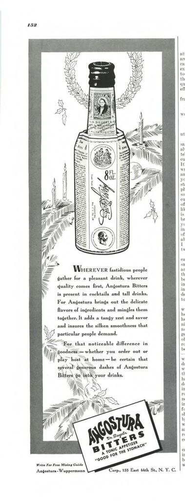 Angostura Bitters Print Ad from Esquire Magazine, 1940, 12-December, p.152