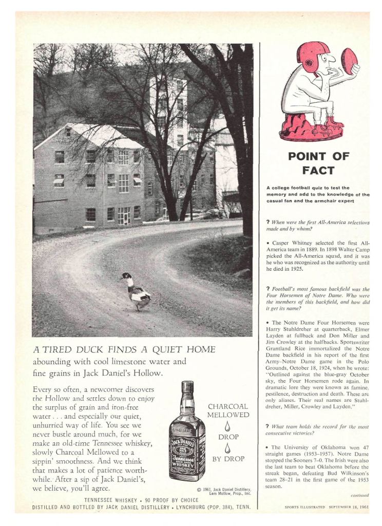 Jack Daniels Whiskey Print Ad from Sports Illustrated, 1961-09-18, p.010