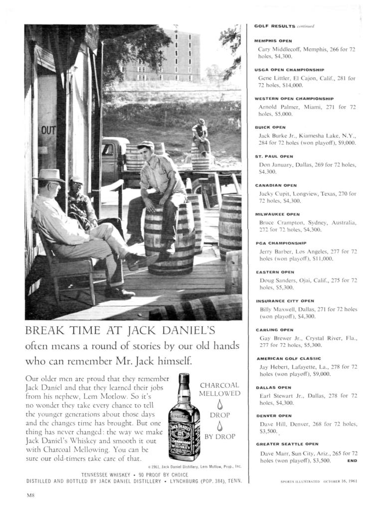 Jack Daniels Whiskey Print Ad from Sports Illustrated, 1961-10-16, p.016