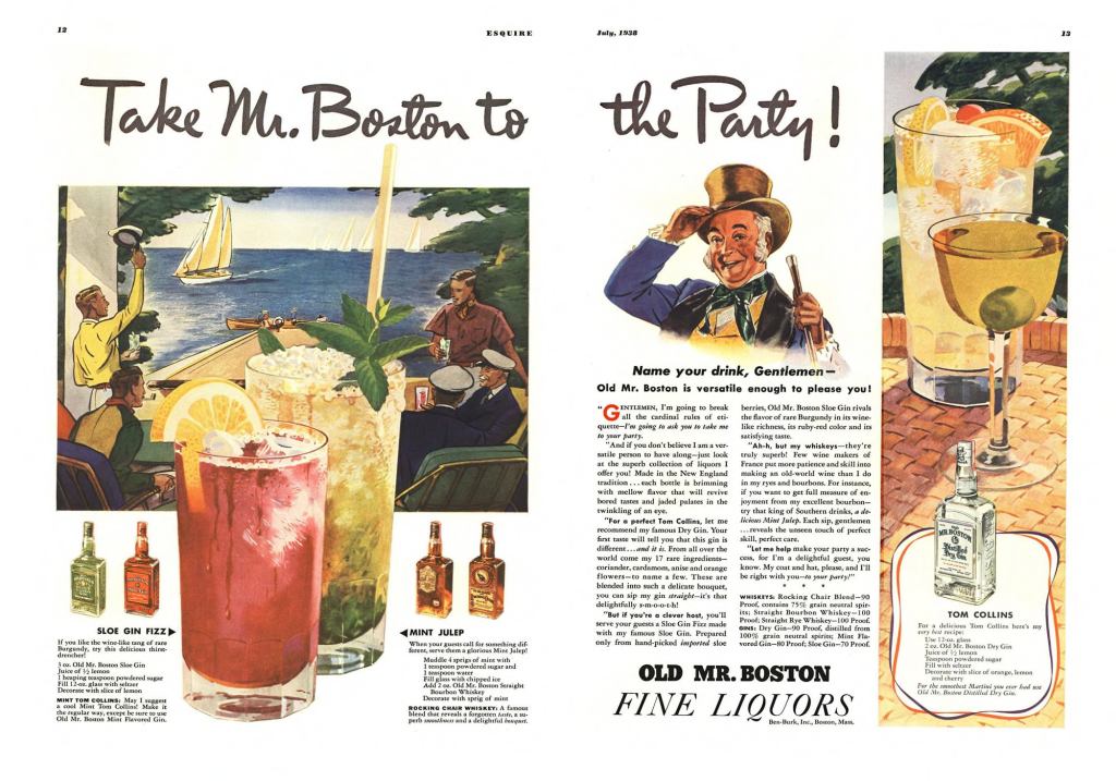 Old Mr. Boston Print Ad from Esquire Magazine, 1938, 07-July, p.012_013