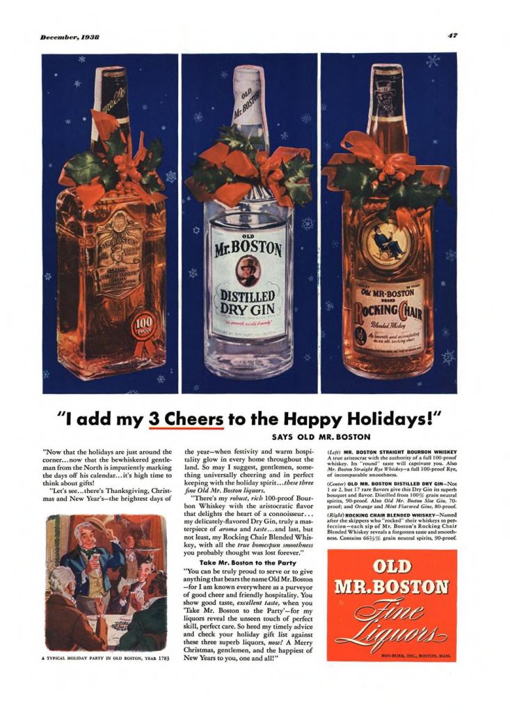 Old Mr. Boston Print Ad from Esquire Magazine, 1938, 12-December, p.047