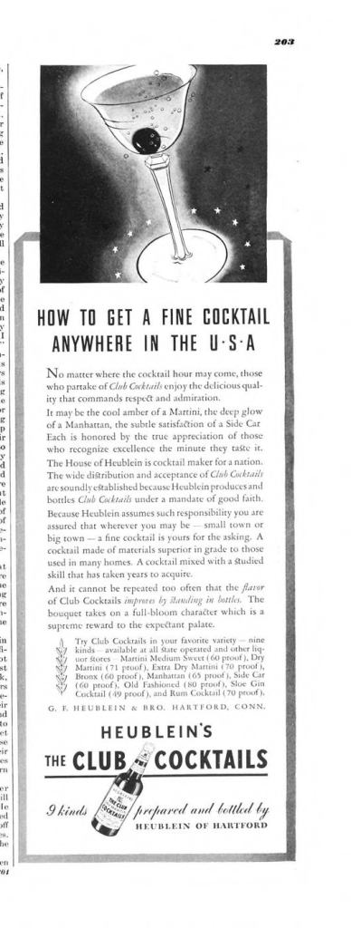 Heubleins, The Club Cocktails Print Ad from Esquire Magazine, 1936