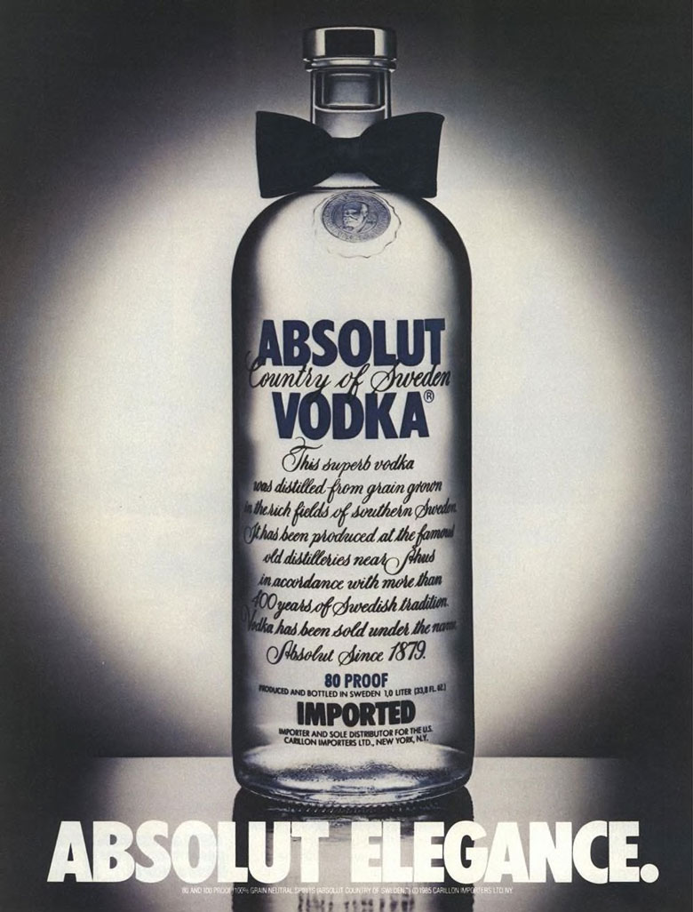 Absolut Vodka Ad from Esquire Magazine, 1985. Absolut Elegance.