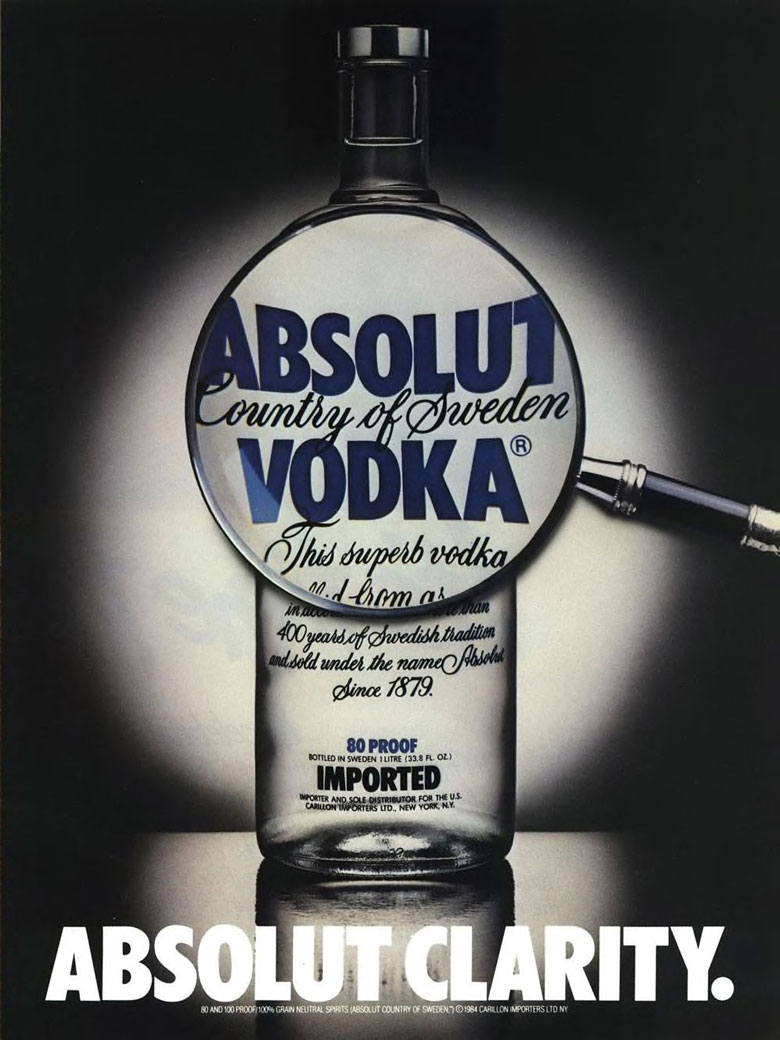Absolut Vodka Ad from Esquire Magazine, 1985. Absolut Clarity.