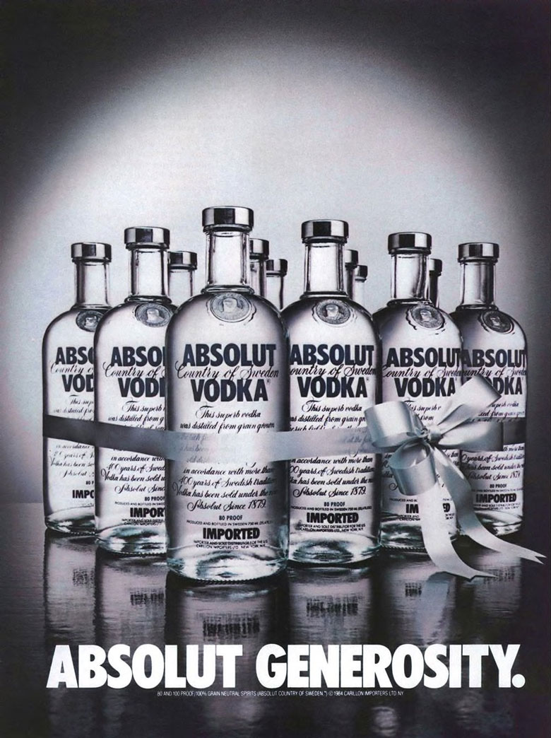 Absolut Vodka Ad from Esquire Magazine, 1985. Absolut Generosity.