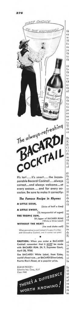 Bacardi Rum Print Ad from Esquire Magazine, 1940