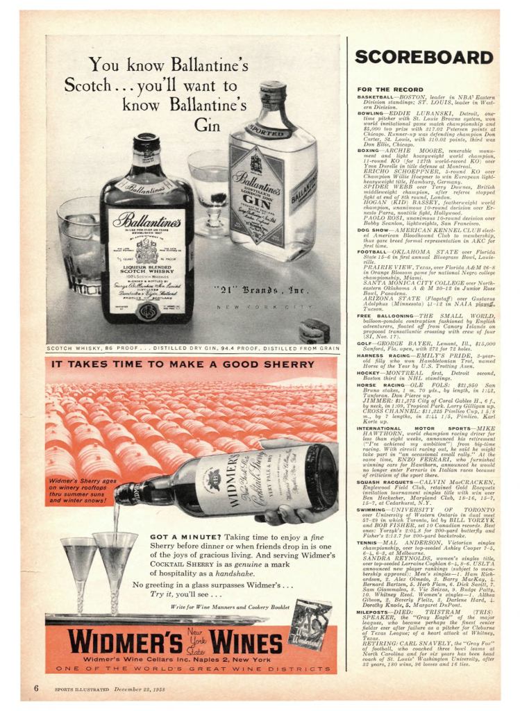 Ballantine's Whisky & Gin Ad from Sports Illustrated 1958