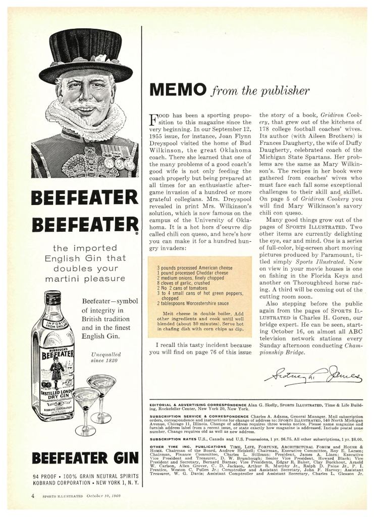 Beefeater Gin Ad from Sports Illustrated 1960-10-10 