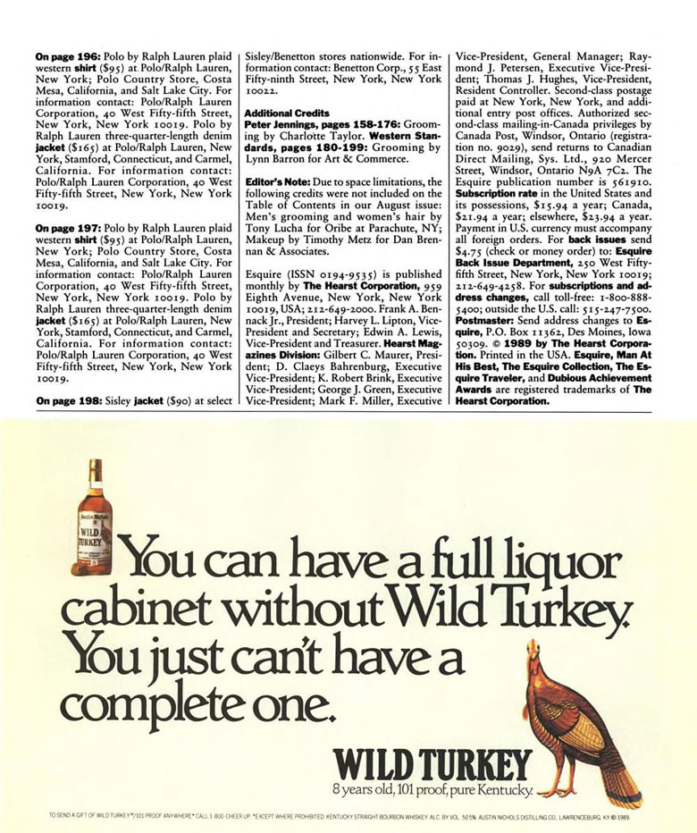 Wild Turkey Whiskey Ad from Esquire Magazine, 1989, 09